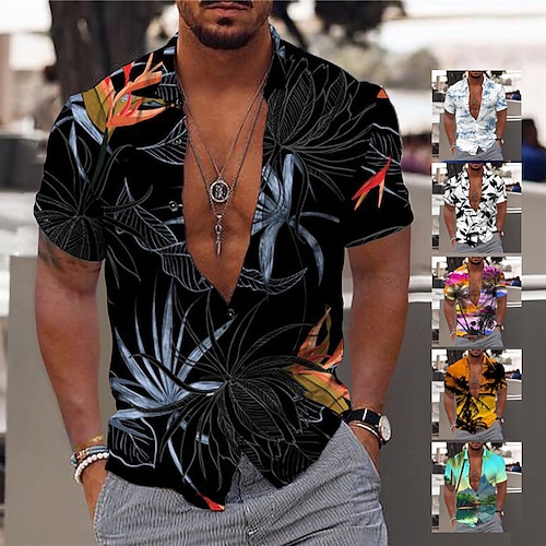 

Men's Shirt Graphic Shirt Aloha Shirt Leaves Turndown Black White Yellow Pink Blue Print Outdoor Street Short Sleeve Button-Down Print Clothing Apparel Fashion Designer Casual Breathable