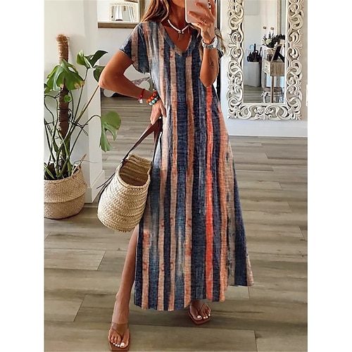 

Dame Lang kjole Maxikjole Uformell kjole Sommerkjole Print kjole Stripet Mote Gatemote utendørs Daglig Ut på byen Delt Trykt mønster Kortermet V-hals Kjole Normal Navyblå Sommer Vår S M L XL XXL