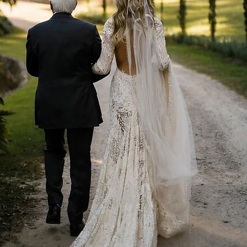 

Spiaggia / Destinazione Schiena scoperta Boho Abiti da sposa Strascico di corte A sirena Manica lunga Collo alto Di pizzo Con Con applique Tinta unita 2023 Abiti da sposa