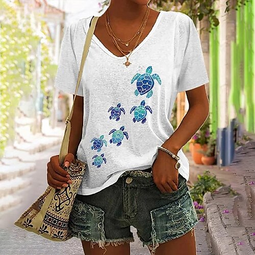 

Damen T Shirt Schwarz Weiß Blau Ozean Bedruckt Kurzarm Festtage Wochenende Basic V Ausschnitt Standard Blume Farbe S