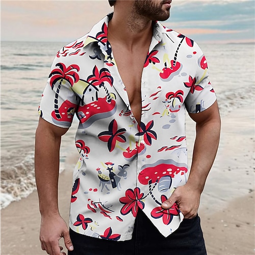 

Hombre Camisa camisa hawaiana Árbol de coco Estampados Cuello Vuelto Rosa Rojo Exterior Calle Mangas cortas Estampado Ropa Moda Ropa de calle Design Suave