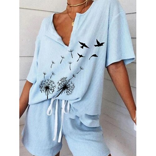 

Per donna loungewear Completi Fiore decorativo Di tendenza Informale Strada Appuntamento Aeroporto Poliestere Traspirante Spacco a V Manica corta maglietta Pantaloncini Estate Primavera Blu