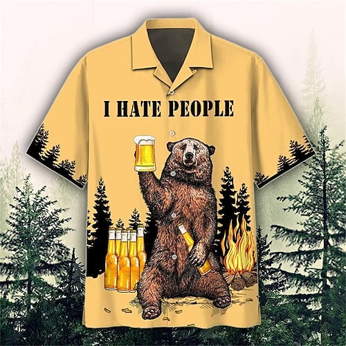 

Men's Shirt Summer Hawaiian Shirt Bear Graphic Prints Beer Cuban Collar Yellow Casual Holiday Short Sleeve Button-Down Print Clothing Apparel Sports Fashion Streetwear Designer