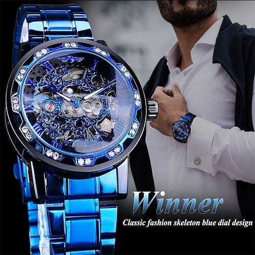 

gagnant transparent diamant mécanique montre bleu acier inoxydable squelette montre top marque de luxe affaires lumineux mâle horloge