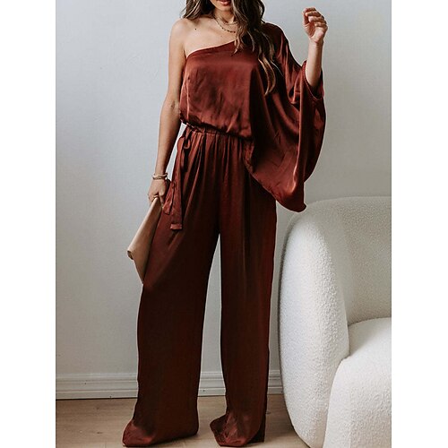 

Women's Jumpsuit High Waist Solid Color Cold Shoulder Streetwear Party Office Regular Fit Long Sleeve Brown S M L Summer