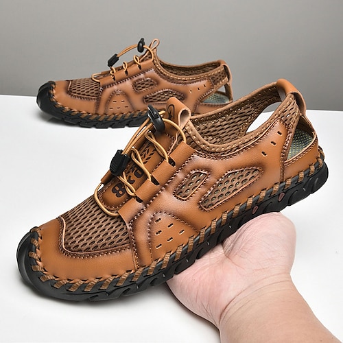 

Herren Sandalen Flache Sandalen Ledersandalen Übergrössen Brautkleider schlicht Strand Design Outdoor Strand Leder Gitter Atmungsaktiv Schwarz Braun Grün Sommer