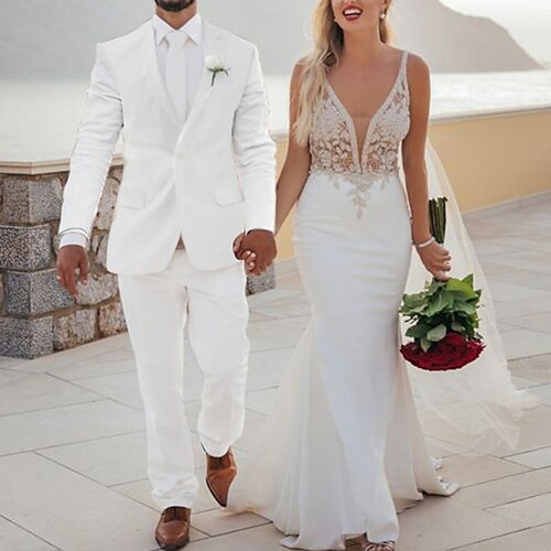 

Bianco Uomo Matrimonio in spiaggia Abiti Set da 2 pezzi Tinta unita Taglio sartoriale Monopetto - 1 bottone 2023