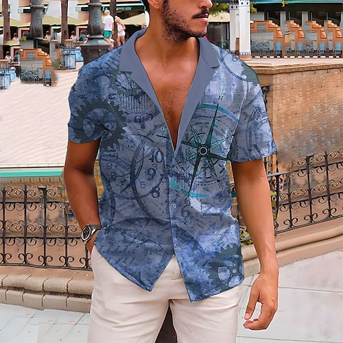 

Herren Hemd Hawaiihemd Sommerhemd Grafik-Drucke Vintage Kompass Kubanisches Halsband Blau Braun Grün Casual Festtage Kurzarm Button-Down Bedruckt Bekleidung Sport Modisch Strassenmode Designer