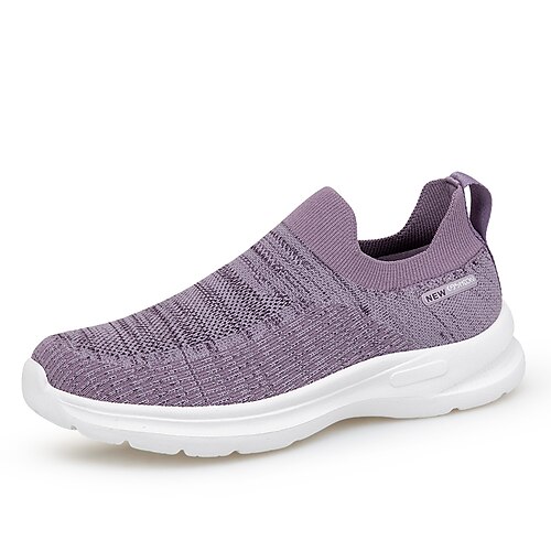 

Dame Slip-Ons Flyknit sko utendørs Vandring Uthult Flat hæl Rund Tå Fritid Gange Netting Flying Weaving Tøfler Helfarge Svart / Hvit Hvit Lilla
