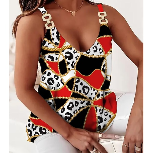 

Débardeur Femme Blanche Rose Claire Rouge Léopard Impression de chaînes Imprimer Sans Manches Casual basique Col V Normal Standard S
