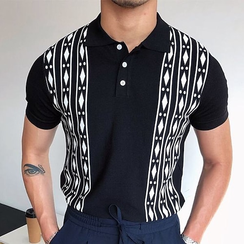 

Herre strikket polo utendørs Avslappet Ribbet polokrage Kort Erme Stilfull Vintage retro Stripet Argylemønster Strikket Knapp foran Sommer Vår Svart strikket polo