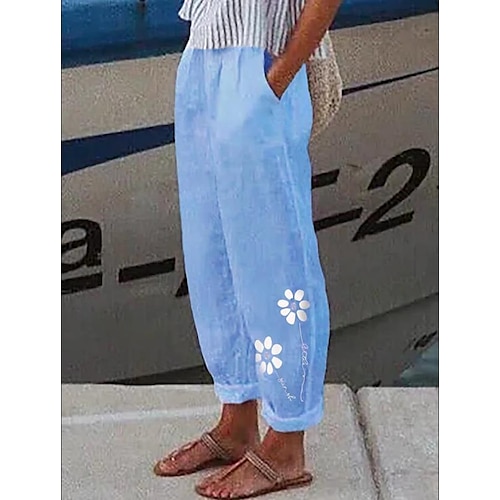 

Women's Linen Pants Chinos Pants Trousers Faux Linen White / Black White Pink Mid Waist Fashion Designer Casual Weekend Side Pockets Print Micro-elastic Full Length Comfort Flower / Floral S M L XL