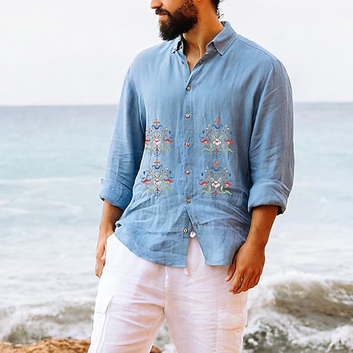 

Per uomo camicia di lino Camicia estiva Camicia da spiaggia Bianco Blu Cachi Manica lunga Stampe astratte Collo ripiegabile Primavera estate Informale Giornaliero Abbigliamento Stampa