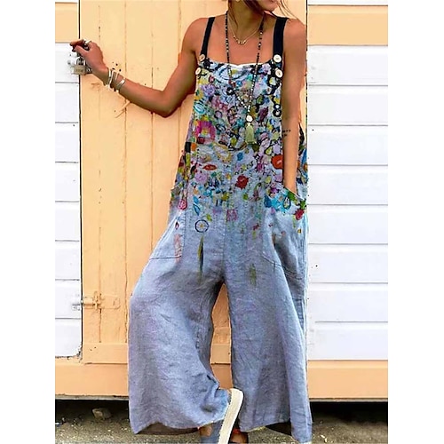 

Women's Overall Pocket Print Floral Square Neck Streetwear Daily Vacation Regular Fit Sleeveless Black White Blue S M L Summer