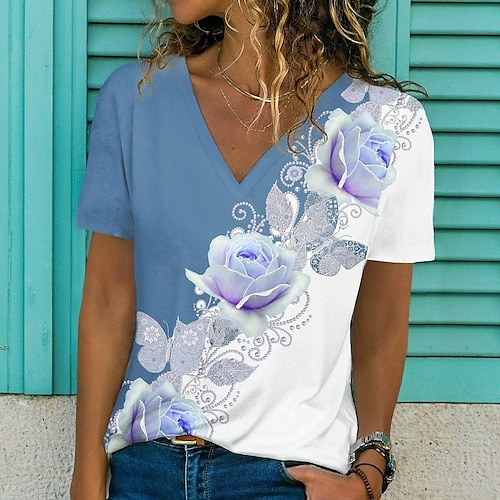 

Women's T shirt Tee Pink Blue Purple Floral Print Short Sleeve Holiday Weekend Basic V Neck Regular Floral Painting S