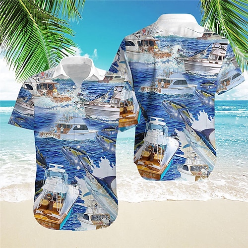 

Herren Hemd Hawaiihemd Sommerhemd Grafik-Drucke Segelboot Umlegekragen Blau Strasse Casual Kurze Ärmel Button-Down Bedruckt Bekleidung Tropisch Modisch Strassenmode Hawaiianisch