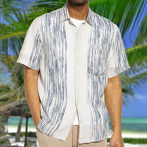 

Herre Skjorte Button Up skjorte Sommer skjorte Casual skjorte Strandtrøje Hvid Kort Ærme Stribet Knaphul Gade Ferierejse Trykt mønster Tøj Mode Fritid Hawaiiansk