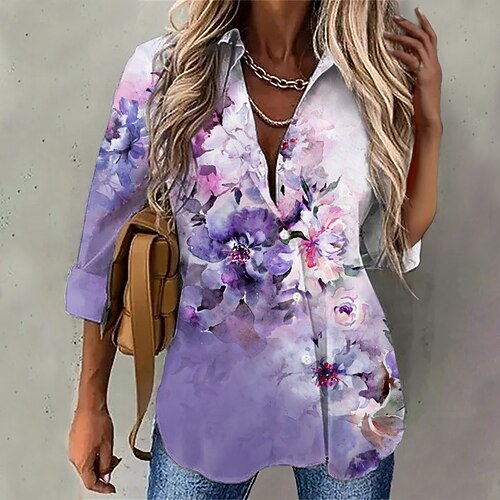 

Damen Hemd Bluse Rosa Blau Purpur Blumen Taste Bedruckt Langarm Casual Festtage Basic Hemdkragen Standard Blume S