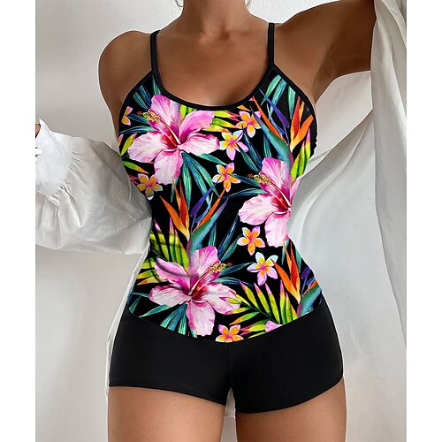 

Damen Badeanzug Tankini 2 Stück Normal Bademode 2 teilig Bauchkontrolle Print Blumen Rosa Blau Grün Stehkragen Badeanzüge Sport Strandbekleidung Sommer