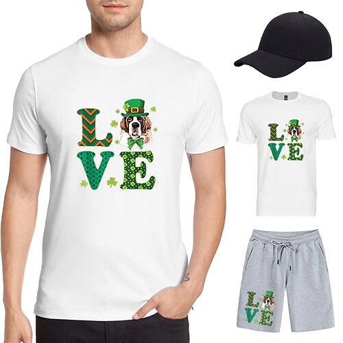 

Camiseta estampada de tres piezas, pantalones cortos, gorras de béisbol, conjuntos combinados, gráfico irlandés de trébol de amor para trajes de hombres y adultos.amp; juego casual diario correr