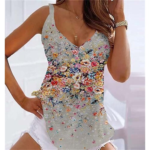 

Mujer Tops de verano Camiseta sin mangas Negro Blanco Azul Marino Floral Estampado Sin Mangas Casual Festivos Básico Escote en Pico Regular Flor S