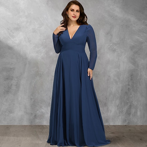 

Linea-A Plus Size Curve Abiti per la madre della sposa Vintage Vestito Formale Lungo Manica lunga A V Chiffon con A pieghe Con balze 2023