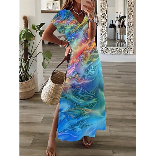 

Dame Lang kjole Maxikjole Uformell kjole Sommerkjole Print kjole Fargegradering Mote Gatemote utendørs Daglig Ut på byen Delt Trykt mønster Kortermet V-hals Kjole Normal Blå Sommer Vår S M L XL XXL