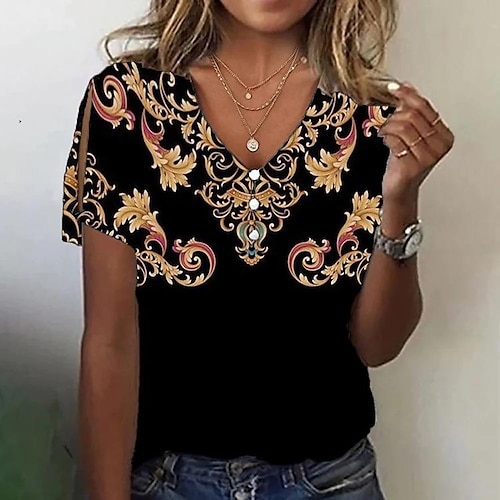 

Mujer Camiseta Negro Amarillo Rojo Floral Botón Cortado Manga Corta Festivos Fin de semana Básico Escote en Pico Regular Flor Pintura S