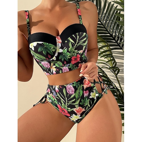 

2 pcs Costumi da bagno Bikini Stile anni '50 A vita alta Per donna Floreale Poliestere Reggiseni Slip