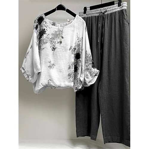 

Dame Pyjamas Pyjamas top og bukser Sæt Blomst Mode Afslappet Blødt Hjem Daglig Seng Polyester Åndbart Rund hals Langærmet T-shirt Bukse Sommer Forår Sort Blå
