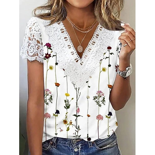 

Damen Hemd Bluse Weiße Ötenoberteile Weiß Blumen Spitze Bedruckt Kurzarm Casual Festtage Basic V Ausschnitt Standard Blume S