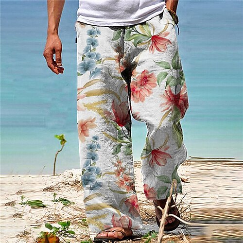 

Herre Bukser Sommerbukser Strandbukser Snørelukning Elastisk Talje Lige ben Grafiske tryk Blomst Komfort Afslappet Daglig Ferie Gade Hawaiiansk Hvid Blå