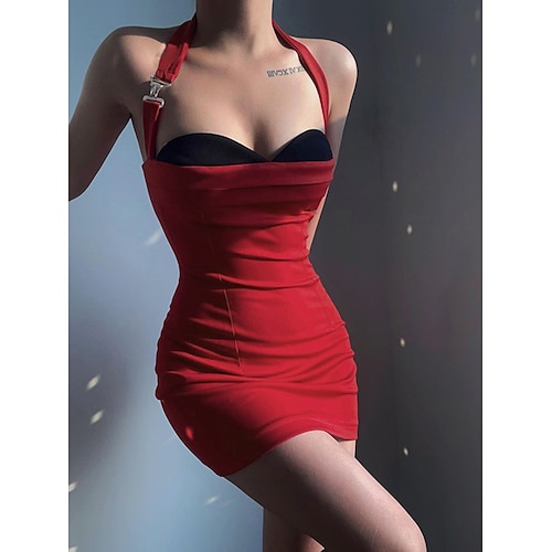 

Per donna Vestito da festa Aderente Abito sexy Mini abito Nero Rosso Senza maniche Color Block falso in due pezzi Estate Primavera Autunno All'americana Di tendenza Invitati del matrimonio Da mare