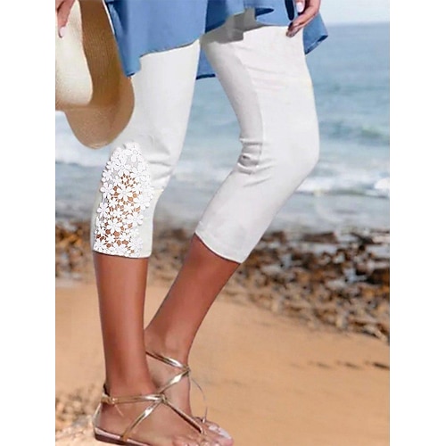 

Women's Capri shorts Black White Fashion coastalgrandmastyle Casual Daily Lace Stretchy Calf-Length Tummy Control Plain S M L XL 2XL