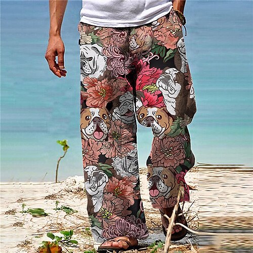 

Herre Bukser Sommerbukser Strandbukser Snorer Elastisk midje Rett ben Tegneserie Hund Grafiske trykk Komfort Avslappet Daglig Ferie Bomullsblanding Gatemote Hawaiisk Rosa Blå