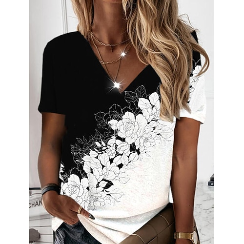 

Women's T shirt Tee Black Floral Print Short Sleeve Holiday Weekend Basic V Neck Regular Floral Painting S