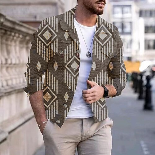 

Homens Camisa Social Estampas Abstratas Vintage Geometria Aberto para a Lateral Cinzento Ao ar livre Rua Manga Longa Imprimir Roupa Moda Roupa de rua Designer Respirável