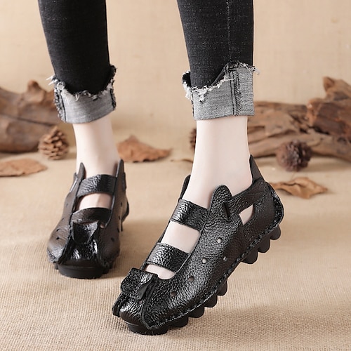 

Women's Loafers Plus Size Outdoor Daily Summer Cut Out Platform Round Toe Casual Minimalism Patent Leather Magic Tape Solid Color grey blue Black Yellow