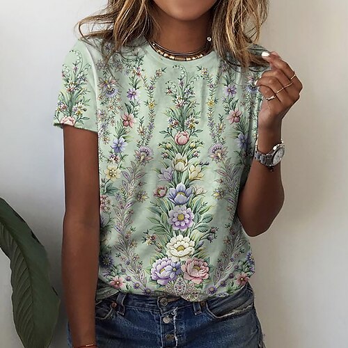 

Women's T shirt Tee Green Floral Print Short Sleeve Holiday Weekend Basic Round Neck Regular Floral Painting S