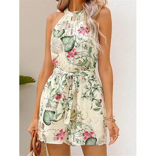 

Damen Kurz Jumpsuit mit Schnürung Bedruckt Blumen Neckholder Strassenmode Urlaub Täglich Urlaub Regular Fit Ärmellos Weiß S M L XL Sommer