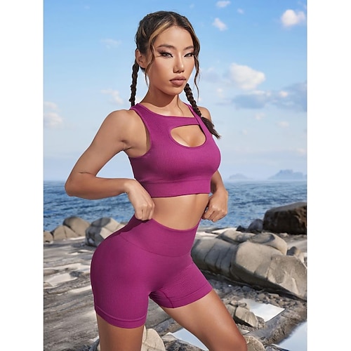 Women's Workout Sets 2 Piece Cut Out Solid Color Clothing Suit