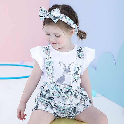 

3 Pieces Toddler Girls' Easter T-shirt Shorts Clothing Set Outfit Floral Rabbit Short Sleeve Print Set Outdoor Active Sweet Summer Spring 1-5 Years White