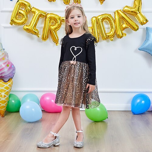 

Bambino Da ragazza Vestito Cielo stellato Con cuori Nero Al ginocchio Vestito Prestazioni Pizzo Girocollo Manica lunga Di tendenza Vestito 3-7 anni Primavera Nero