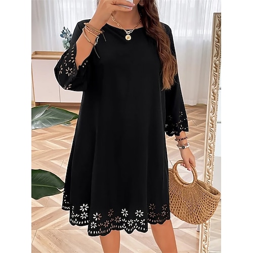 

Women's Plus Size Casual Dress Black Dress Solid Color Midi Dress 3/4 Length Sleeve Cut Out Crew Neck Fashion Outdoor Black Summer Spring L XL XXL 3XL 4XL