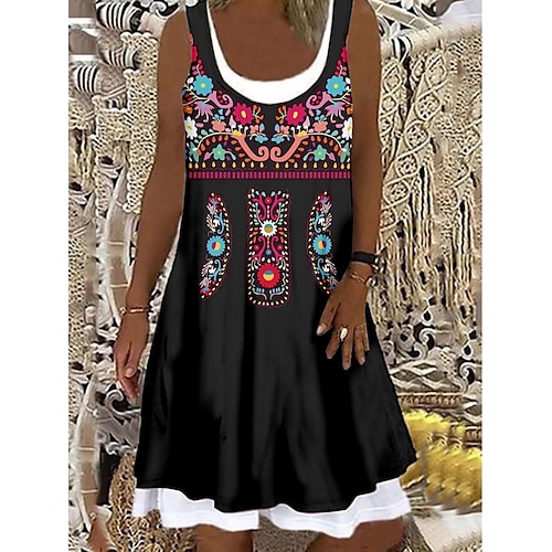 

Dame Uformell kjole Tankkjole Sommerkjole Blomstret Stamme falske to stykker Trykt mønster Crew-hals Mini kjole Årgang Etnisk utendørs Daglig Ermeløs Løstsittende Svart Blå Grå Sommer Vår S M L XL XXL