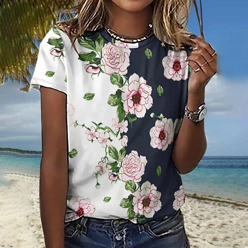 

Damen T Shirt Gelb Hellgrün Marineblau Blumen Bedruckt Kurzarm Festtage Wochenende Basic Rundhalsausschnitt Standard Blume Farbe S