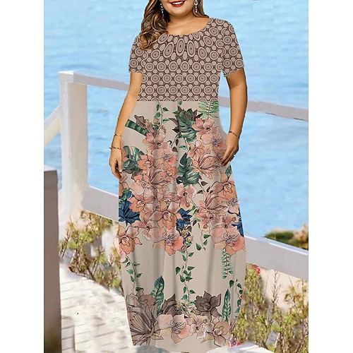 

abito maglione casual da donna plus size abito lungo maglione floreale floreale maxi abito maglione senza maniche tasca stampa girocollo moda quotidiano marrone chiaro blu scuro estate primavera l xl