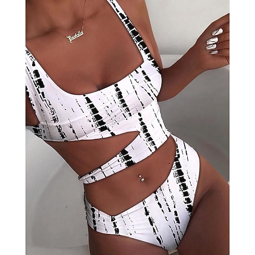 

Women's Swimwear One Piece Normal Swimsuit Cut Out Solid Color Tie Dye White flowers Black and Rose Black White Red Bodysuit Bathing Suits Sports Beach Wear Summer