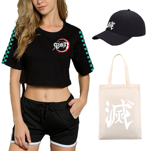 

4 piezas demon slayer pantalones cortos estampados crop top gorras de béisbol conjunto de bolsos de lona tanjiro camiseta pantalones cortos conjuntos conjuntos para mujeres trajes de adultosamp;