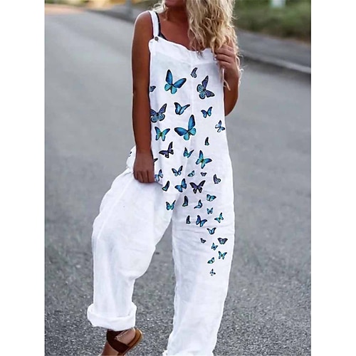 

Jumpsuits for Women Summer Overall Pocket Print Floral Square Neck Streetwear Daily Vacation Regular Fit Sleeveless Black White Yellow S M L Summer